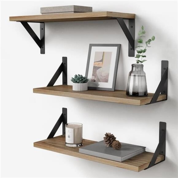 Floating Shelves with Black Metal Brackets Set of 3, Light Wood Wall Bookshelf - Picture 1 of 8